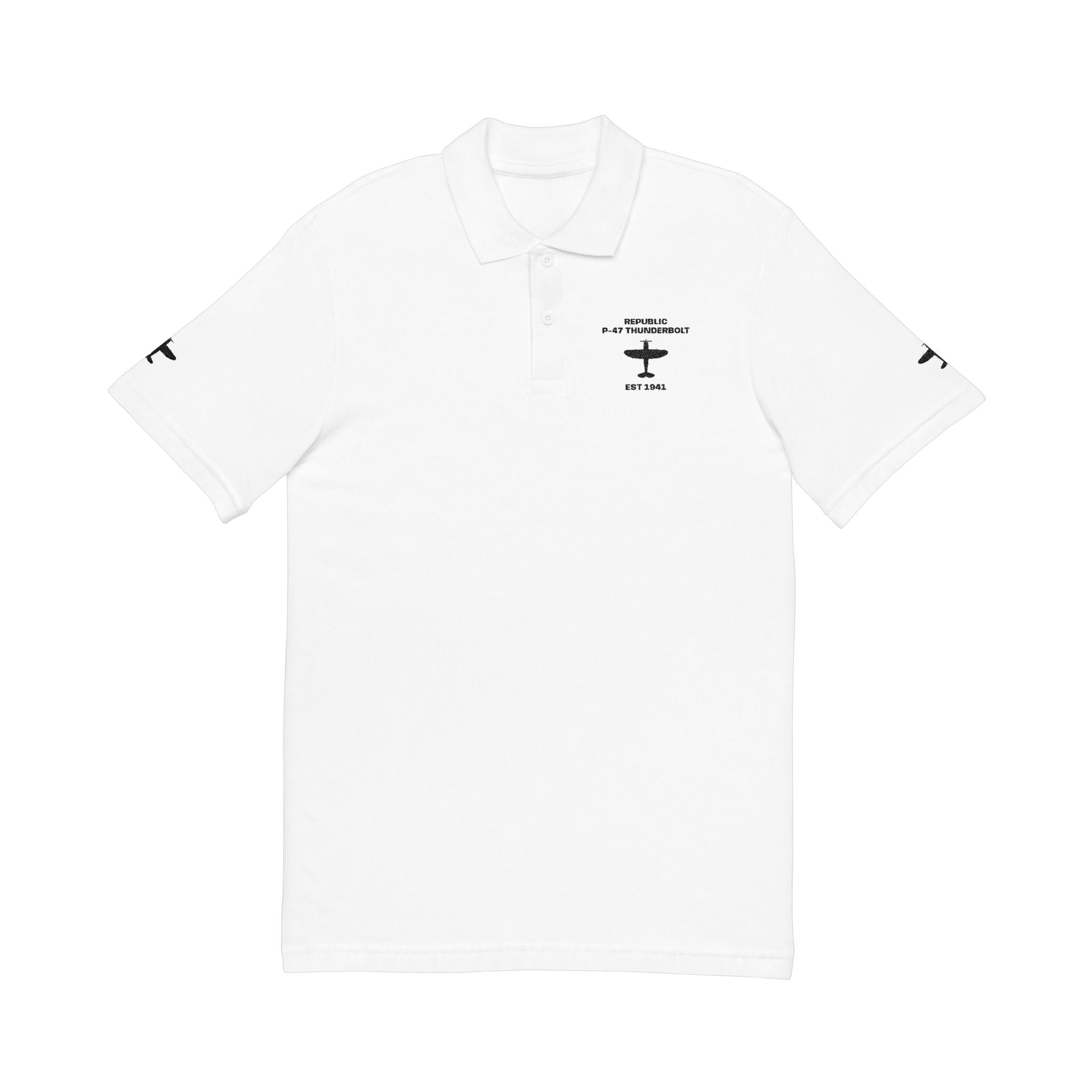 P-47 Thunderbolt Embroidered Aviation Polo Shirt — Vintage Plane Black Logo